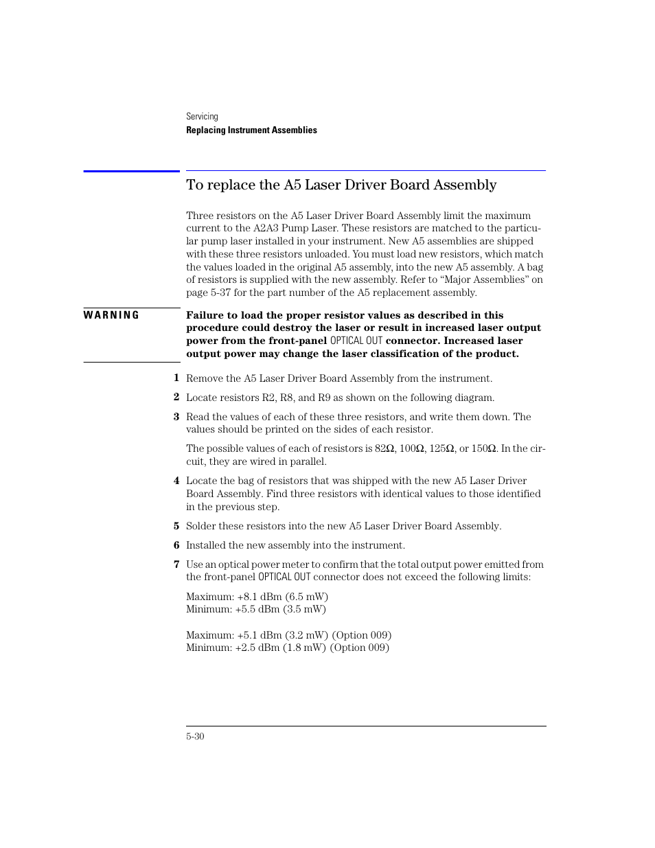 To replace the a5 laser driver board assembly | Agilent Technologies 83438A User Manual | Page 84 / 106