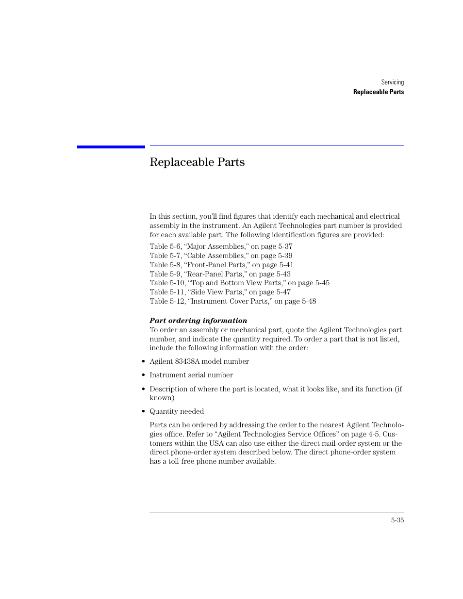 Replaceable parts, Replaceable parts 5-35 | Agilent Technologies 83438A User Manual | Page 89 / 106