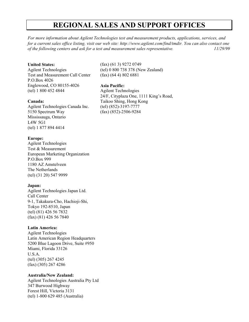 Regional sales and support offices | Agilent Technologies Agilent 4396B User Manual | Page 123 / 124