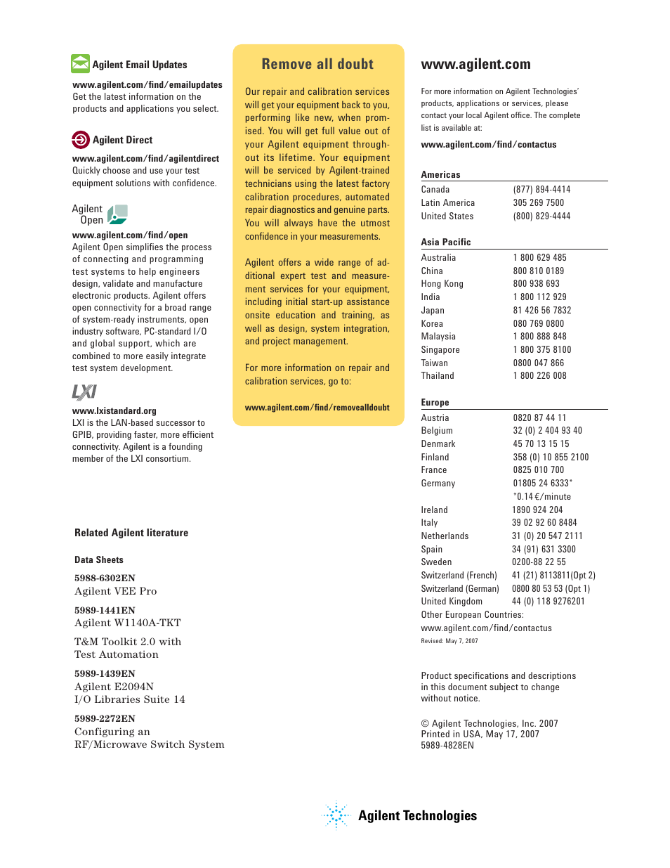 Remove all doubt, Agilent technologies | Agilent Technologies L4445A User Manual | Page 10 / 10