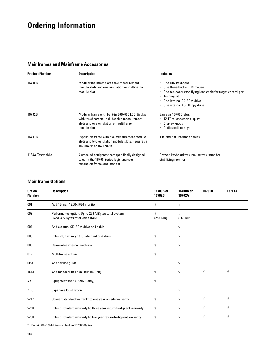 Ordering information, Mainframe options, Mainframes and mainframe accessories | Agilent Technologies 16700 User Manual | Page 116 / 125