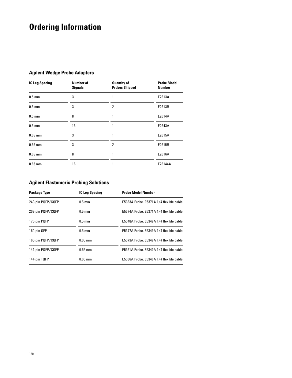 Agilent wedge probe adapters, Agilent elastomeric probing solutions, Ordering information | Agilent Technologies 16700 User Manual | Page 120 / 125