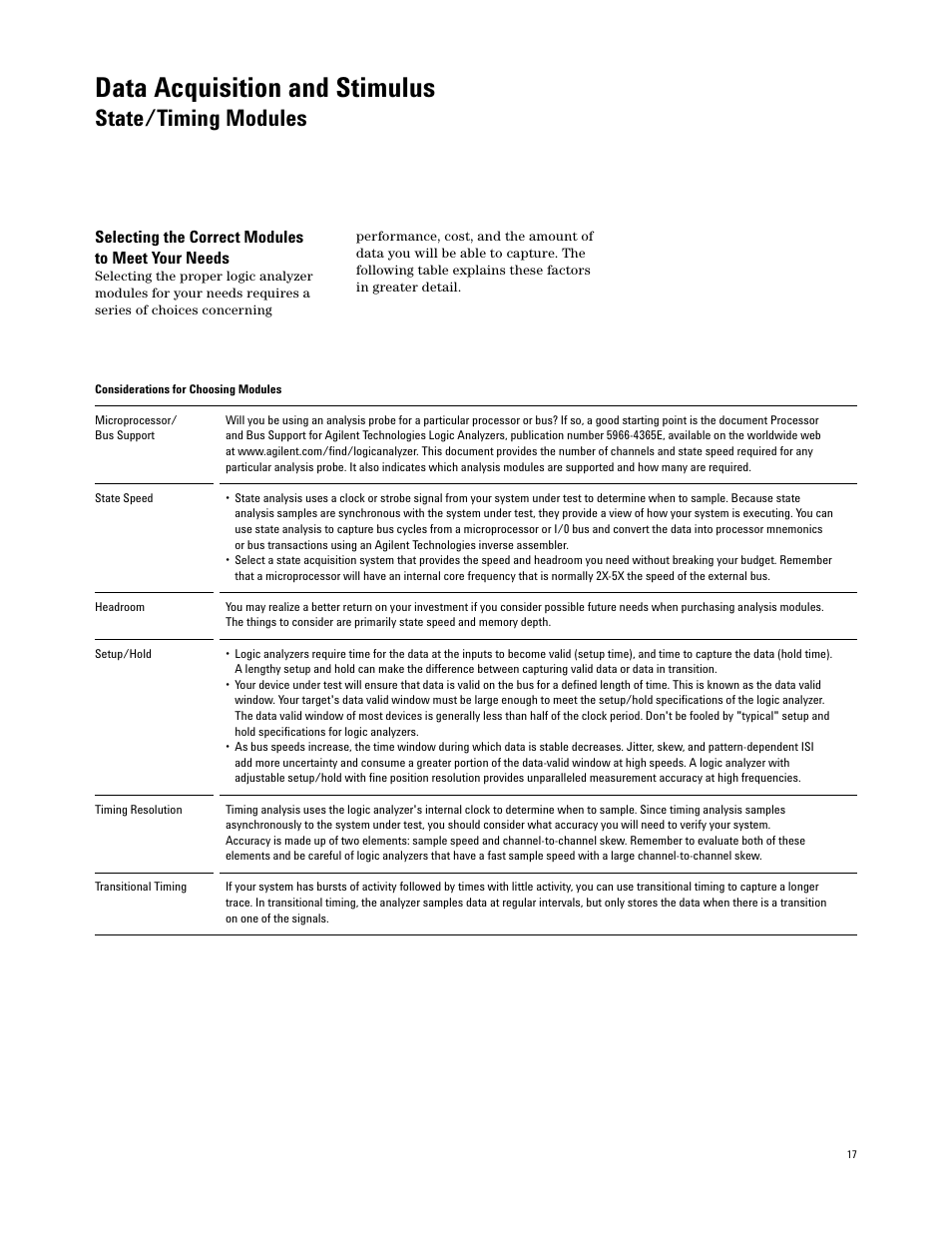 Data acquisition and stimulus, State/timing modules, Selecting the correct modules to meet your needs | Agilent Technologies 16700 User Manual | Page 17 / 125