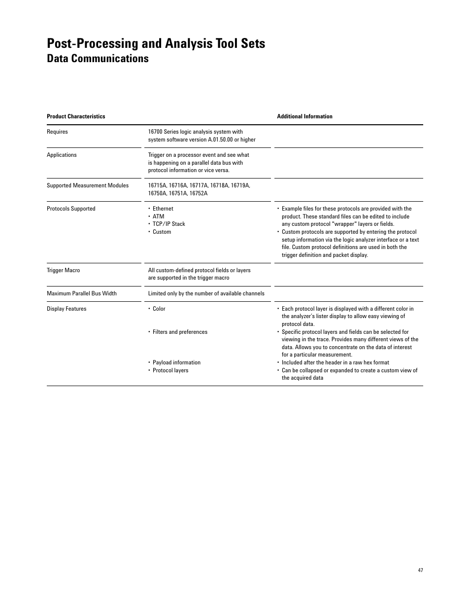 Post-processing and analysis tool sets, Data communications | Agilent Technologies 16700 User Manual | Page 47 / 125