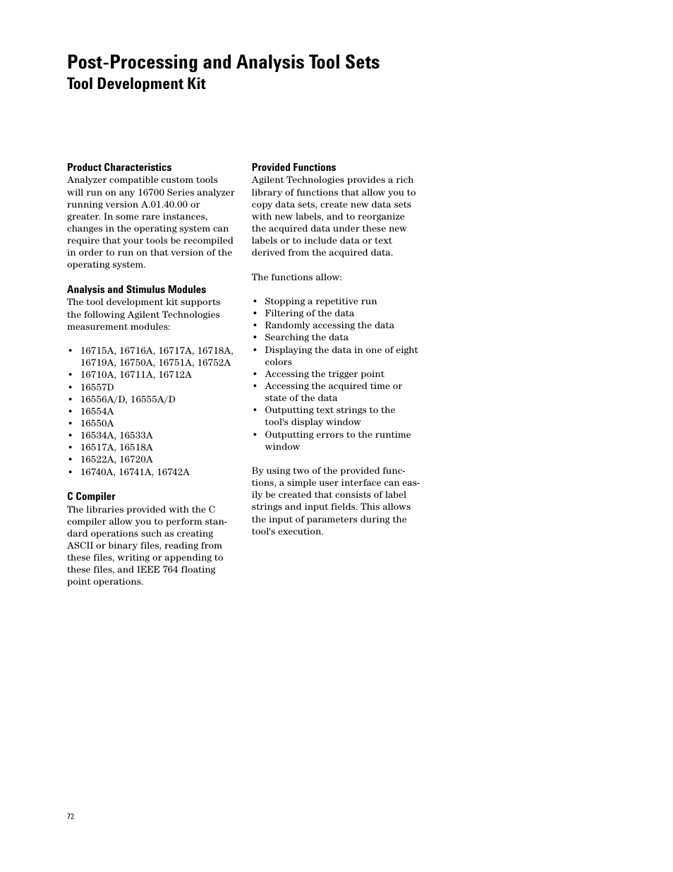 Post-processing and analysis tool sets, Tool development kit | Agilent Technologies 16700 User Manual | Page 72 / 125
