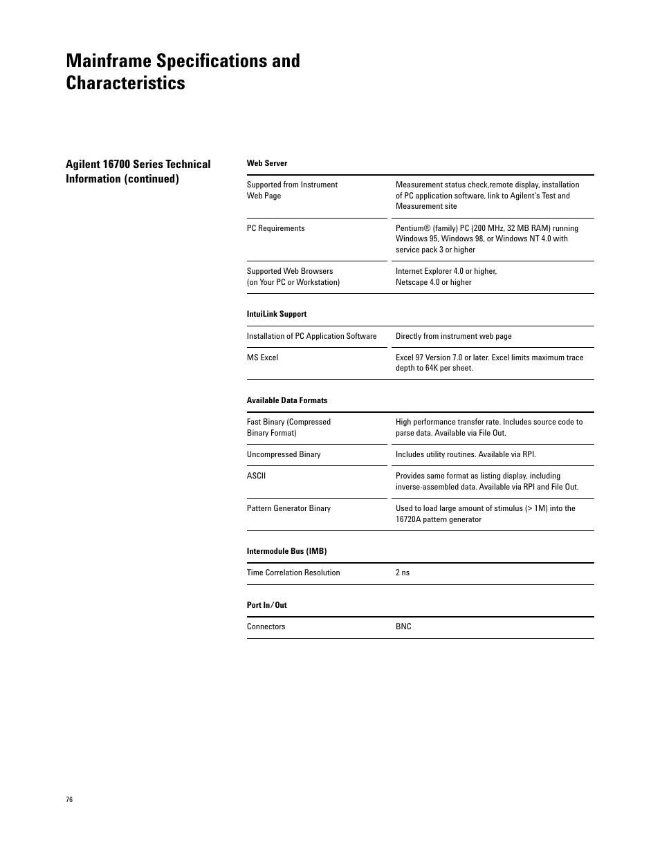 Mainframe specifications and characteristics | Agilent Technologies 16700 User Manual | Page 76 / 125