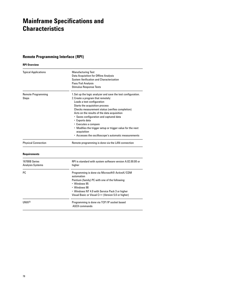 Mainframe specifications and characteristics, Remote programming interface (rpi) | Agilent Technologies 16700 User Manual | Page 78 / 125