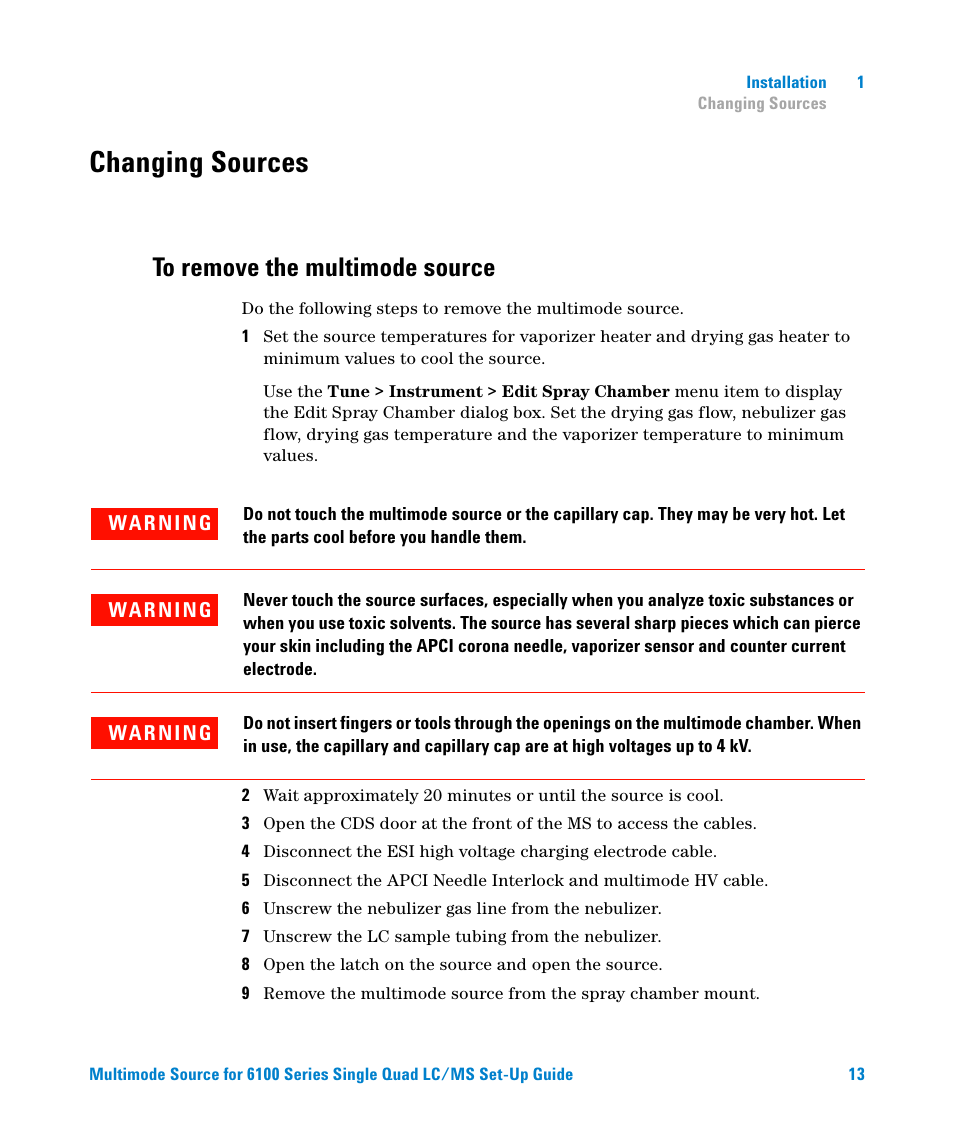 Changing sources, To remove the multimode source | Agilent Technologies G1978B User Manual | Page 13 / 44