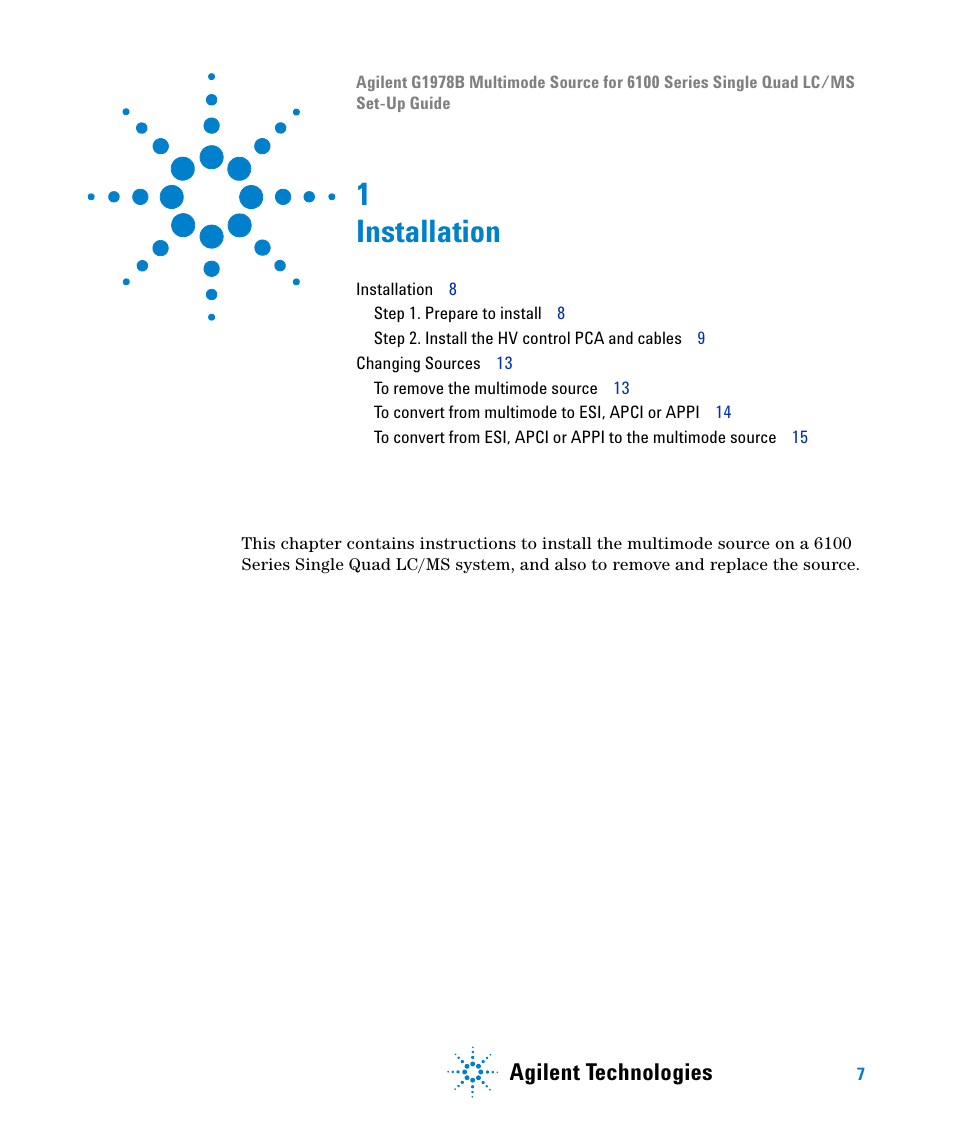 Installation, 1 installation, Agilent technologies | Agilent Technologies G1978B User Manual | Page 7 / 44