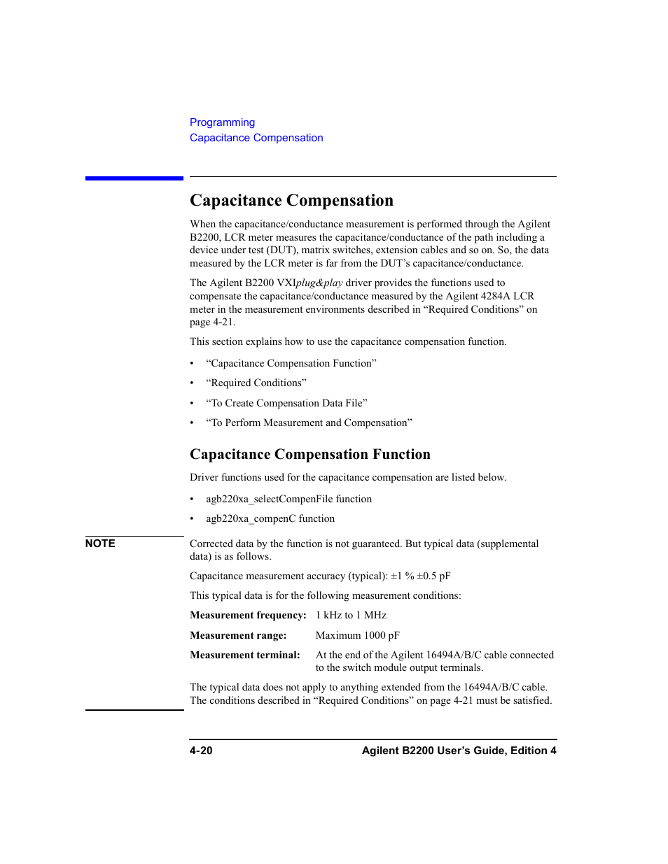 Capacitance compensation, Capacitance compensation function | Agilent Technologies Agilent B2201A User Manual | Page 120 / 230
