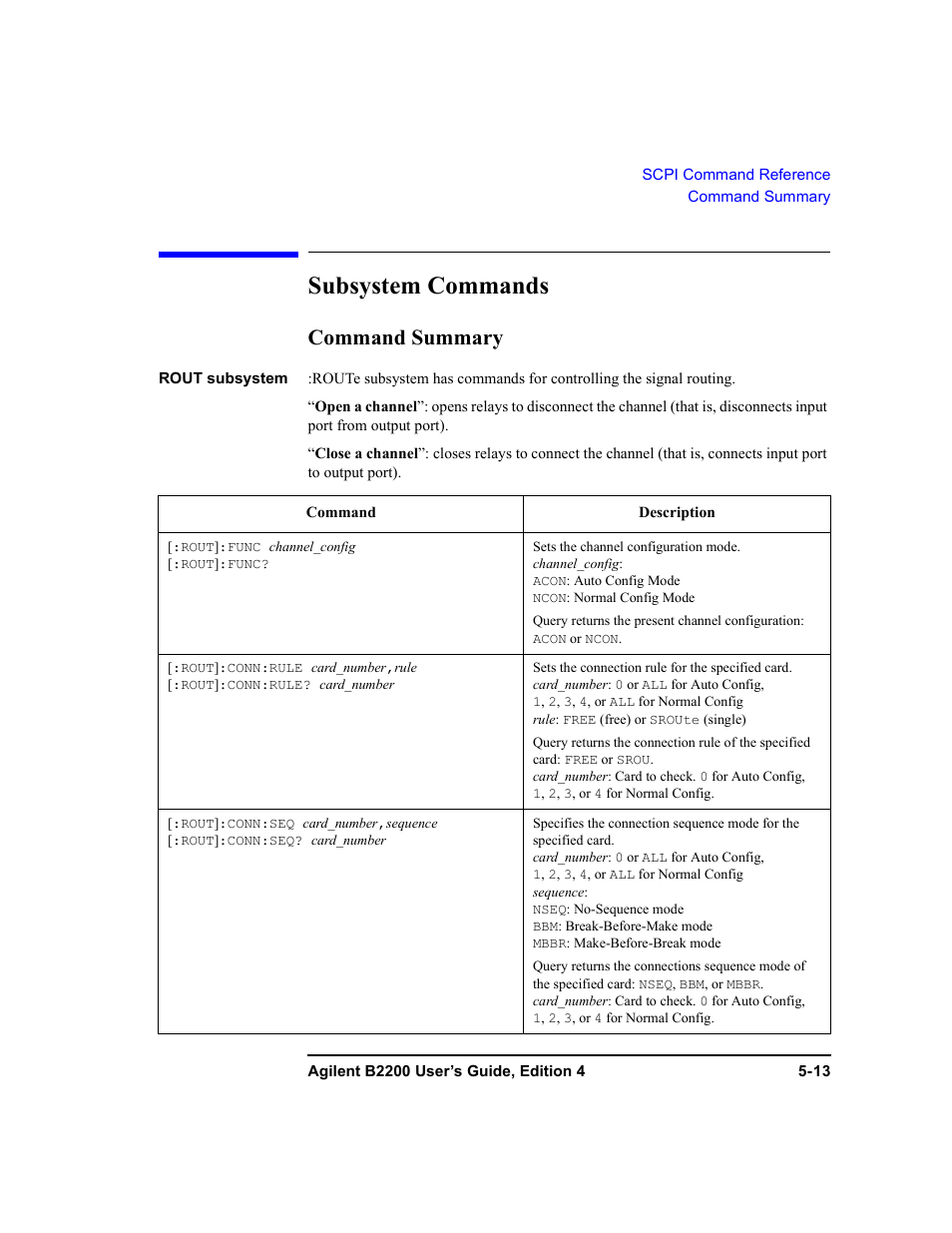 Subsystem commands, Command summary | Agilent Technologies Agilent B2201A User Manual | Page 141 / 230