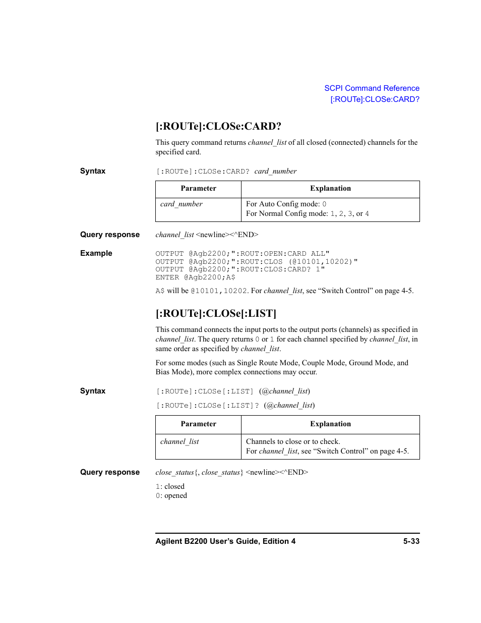 Route]:close:card, Route]:close[:list | Agilent Technologies Agilent B2201A User Manual | Page 161 / 230