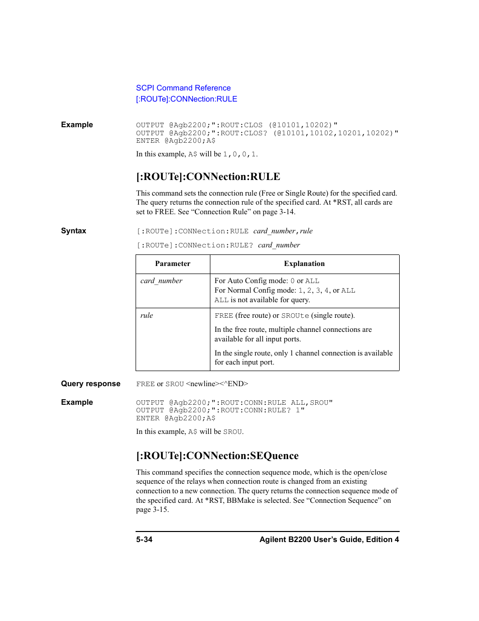Route]:connection:rule, Route]:connection:sequence | Agilent Technologies Agilent B2201A User Manual | Page 162 / 230
