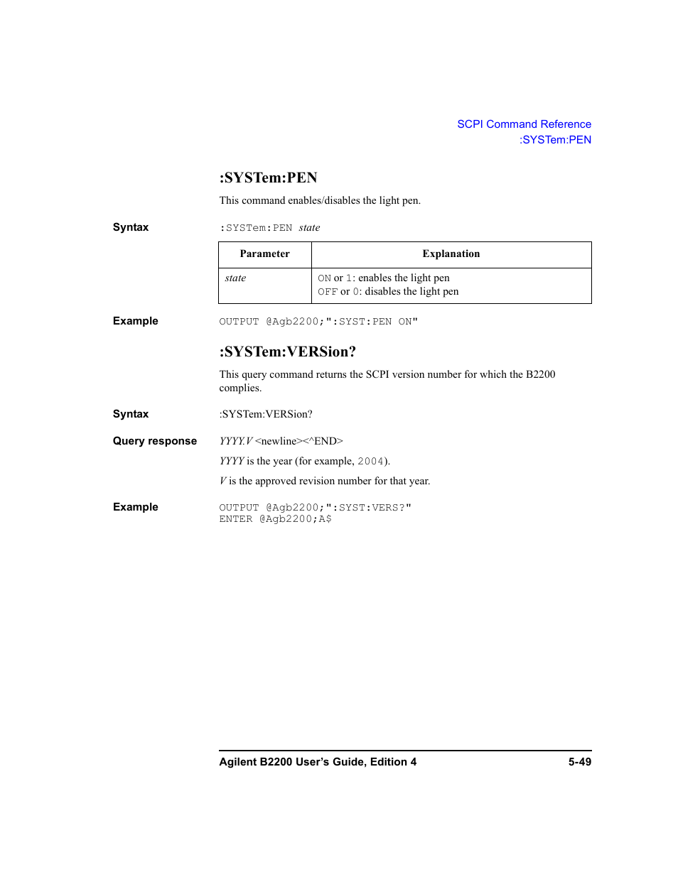 System:pen, System:version | Agilent Technologies Agilent B2201A User Manual | Page 177 / 230