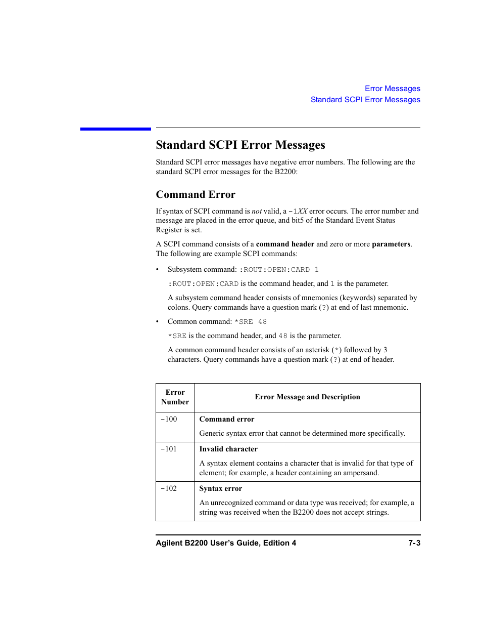 Standard scpi error messages, Command error | Agilent Technologies Agilent B2201A User Manual | Page 219 / 230
