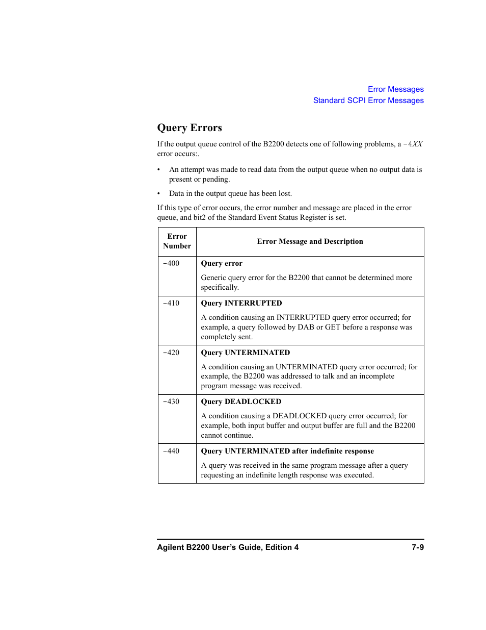 Query errors | Agilent Technologies Agilent B2201A User Manual | Page 225 / 230