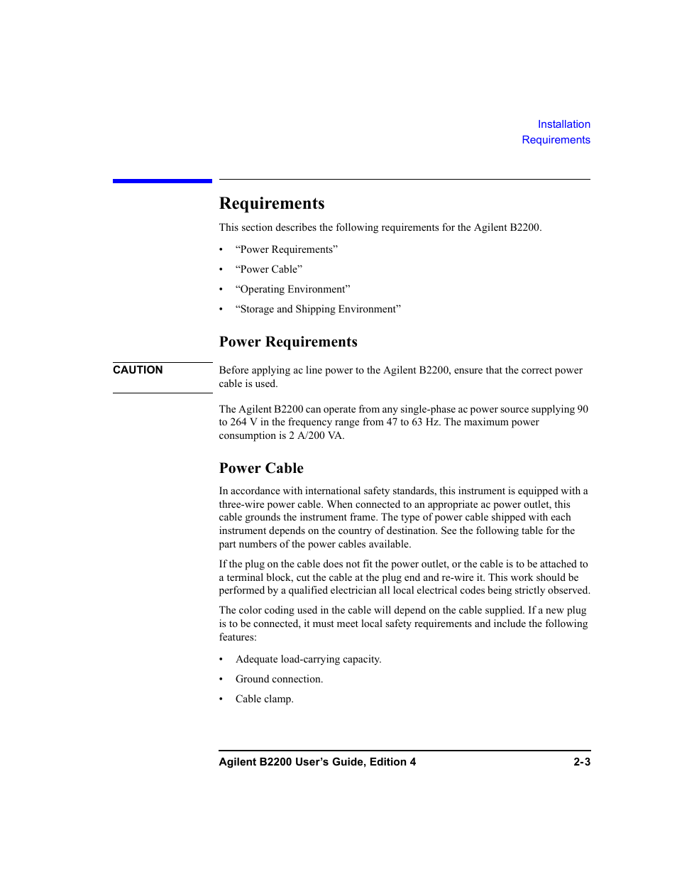Requirements, Power requirements, Power cable | Agilent Technologies Agilent B2201A User Manual | Page 39 / 230
