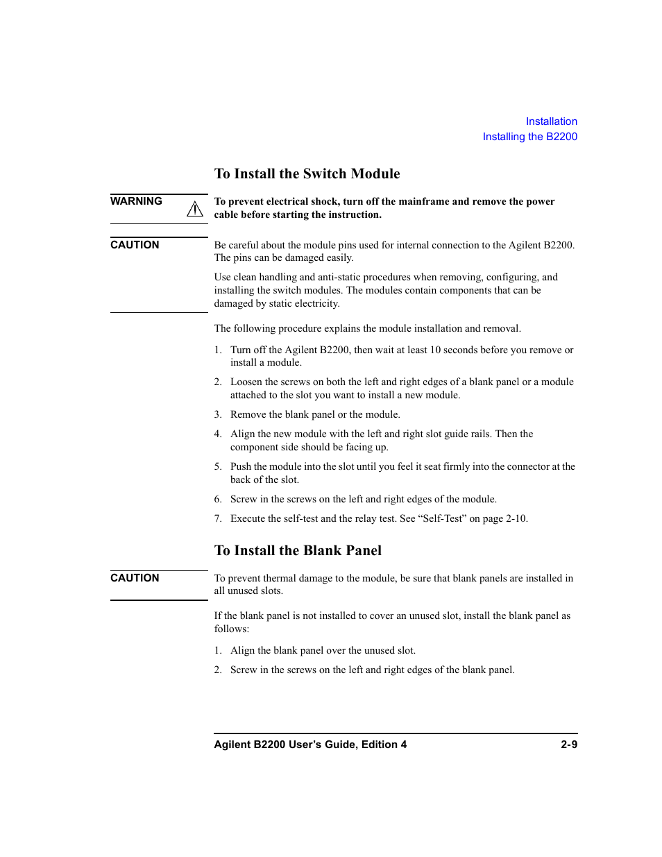 To install the switch module, To install the blank panel | Agilent Technologies Agilent B2201A User Manual | Page 45 / 230