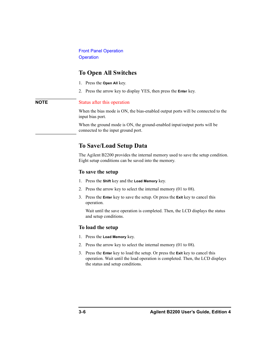 To open all switches, To save/load setup data | Agilent Technologies Agilent B2201A User Manual | Page 68 / 230