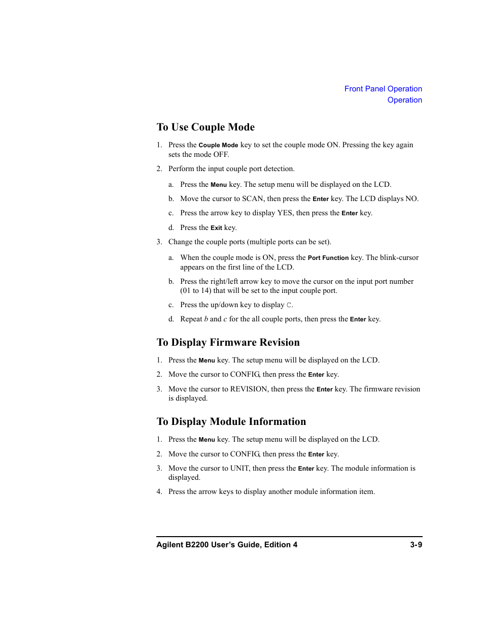 To use couple mode, To display firmware revision, To display module information | Agilent Technologies Agilent B2201A User Manual | Page 71 / 230