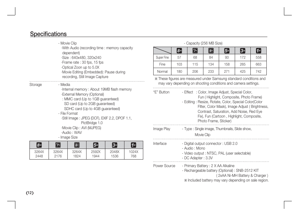 Specifi cations | Samsung KENOX S85 User Manual | Page 13 / 98