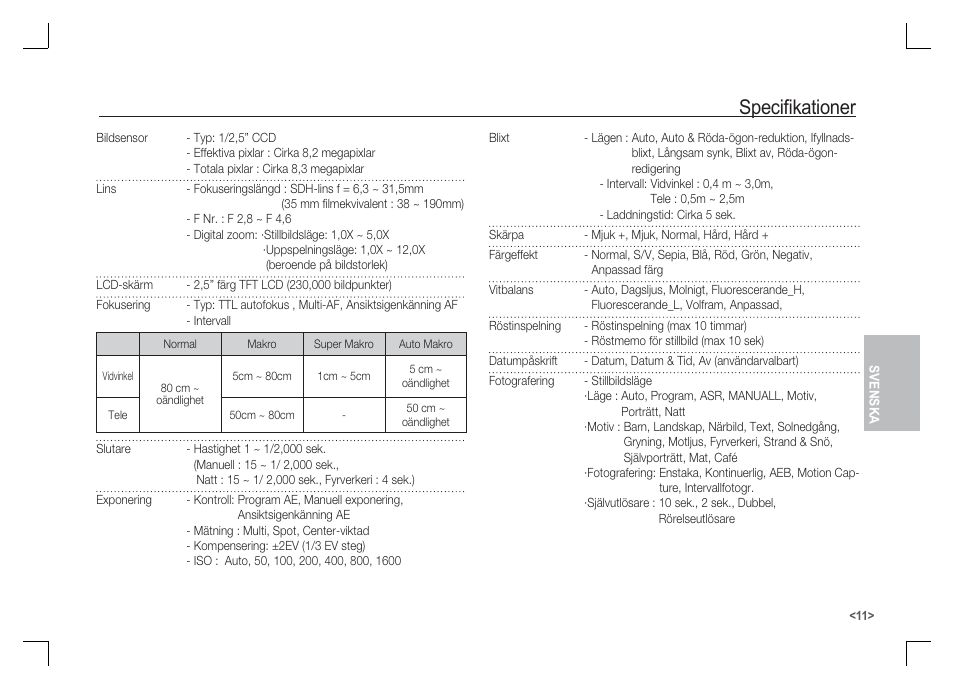 Specifi kationer | Samsung KENOX S85 User Manual | Page 60 / 98