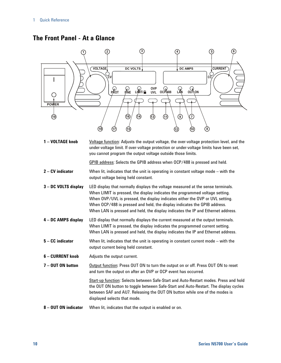 The front panel - at a glance | Agilent Technologies System DC N5700 User Manual | Page 10 / 132