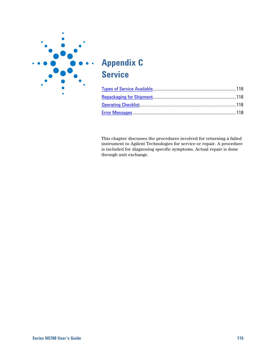 C - service, Appendix c service | Agilent Technologies System DC N5700 User Manual | Page 115 / 132