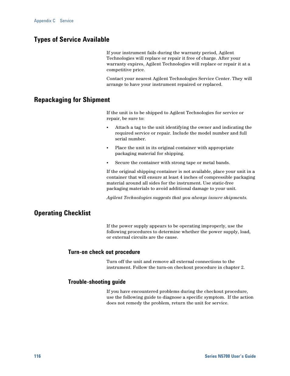 Types of service available, Repackaging for shipment, Operating checklist | Turn-on check out procedure, Trouble-shooting guide | Agilent Technologies System DC N5700 User Manual | Page 116 / 132