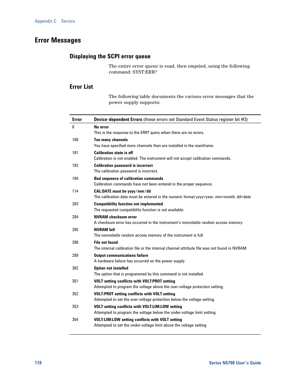 Error messages, Displaying the scpi error queue, Error list | Agilent Technologies System DC N5700 User Manual | Page 118 / 132