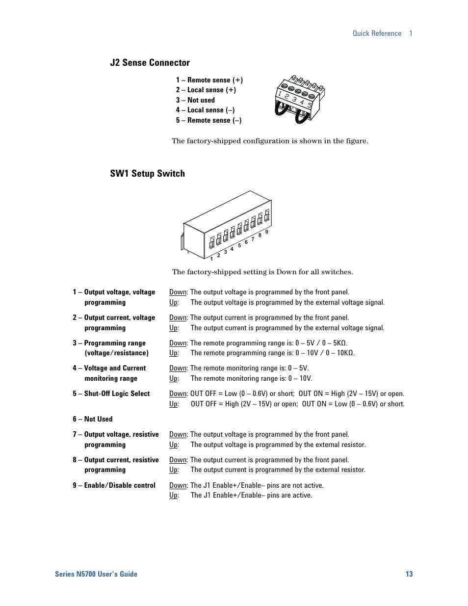 J2 sense connector, Sw1 setup switch | Agilent Technologies System DC N5700 User Manual | Page 13 / 132