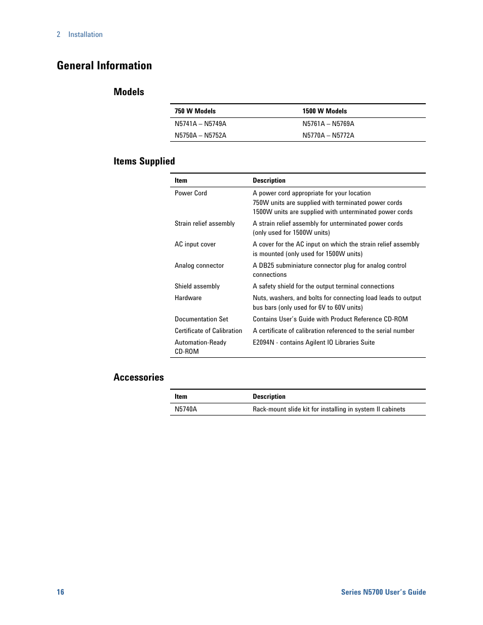 General information, Models, Items supplied | Accessories | Agilent Technologies System DC N5700 User Manual | Page 16 / 132