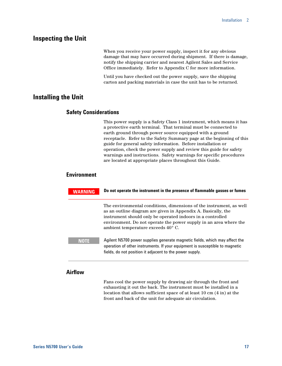 Inspecting the unit, Installing the unit, Safety considerations | Environment, Airflow | Agilent Technologies System DC N5700 User Manual | Page 17 / 132