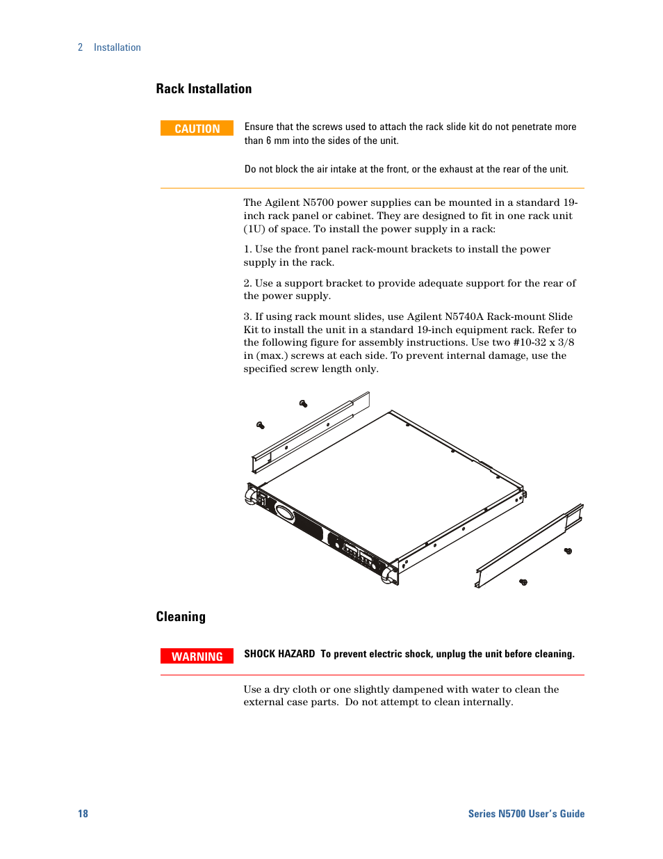 Rack installation, Cleaning | Agilent Technologies System DC N5700 User Manual | Page 18 / 132