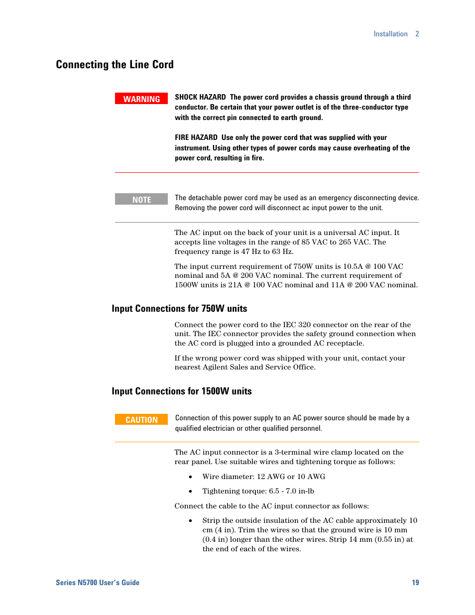 Connecting the line cord, Input connections for 750w units, Input connections for 1500w units | Agilent Technologies System DC N5700 User Manual | Page 19 / 132