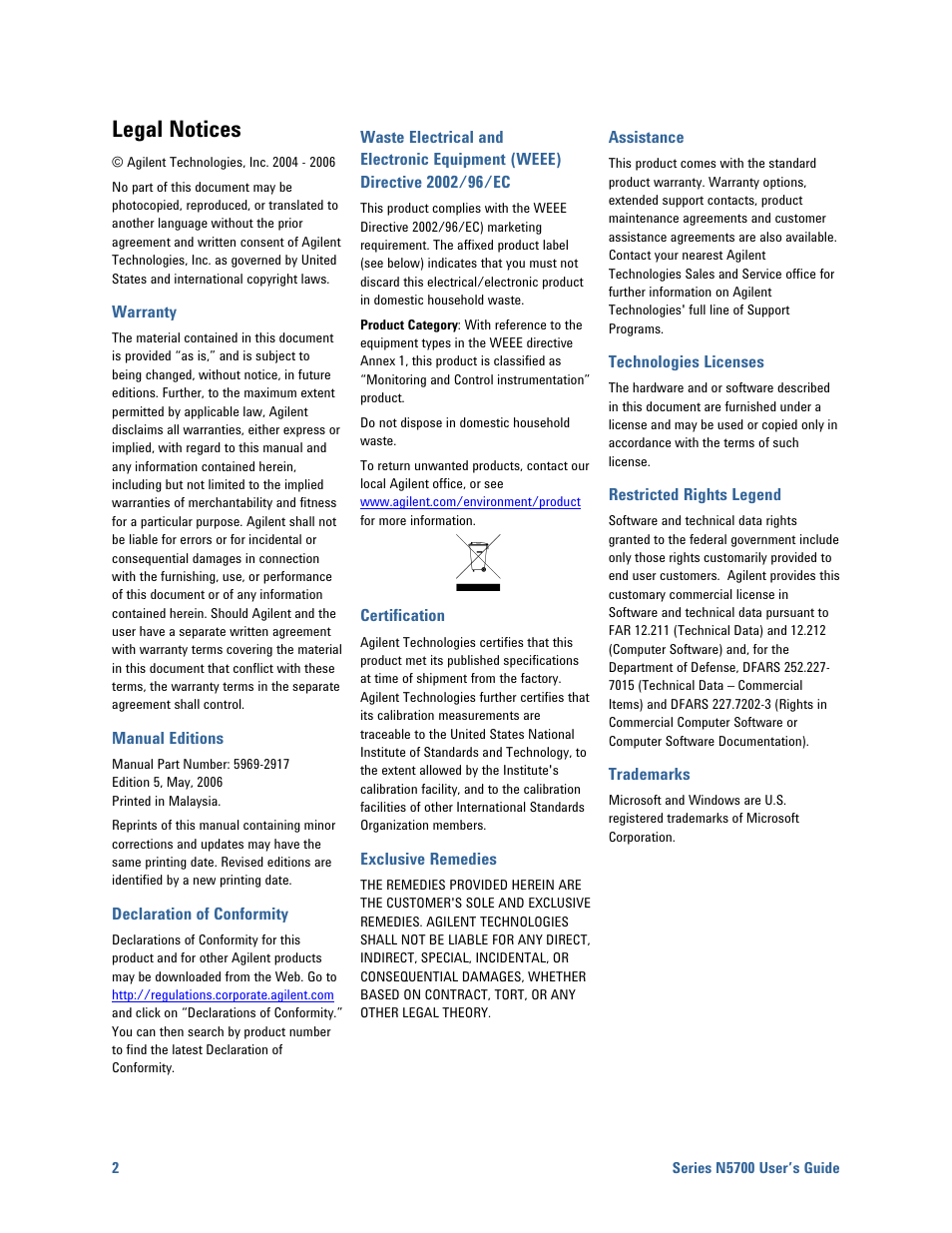 Legal notices | Agilent Technologies System DC N5700 User Manual | Page 2 / 132