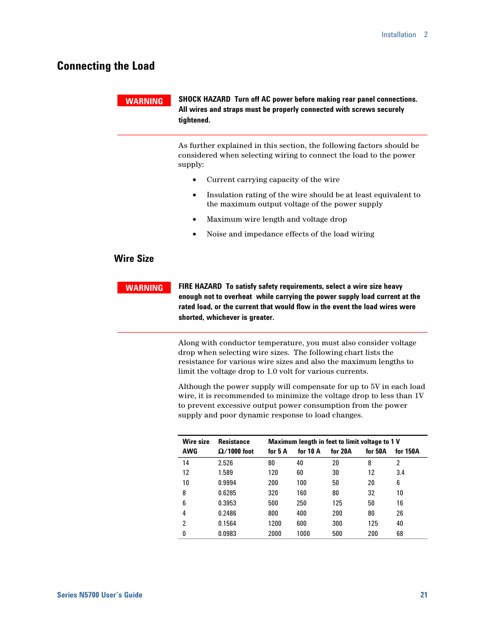 Connecting the load, Wire size | Agilent Technologies System DC N5700 User Manual | Page 21 / 132