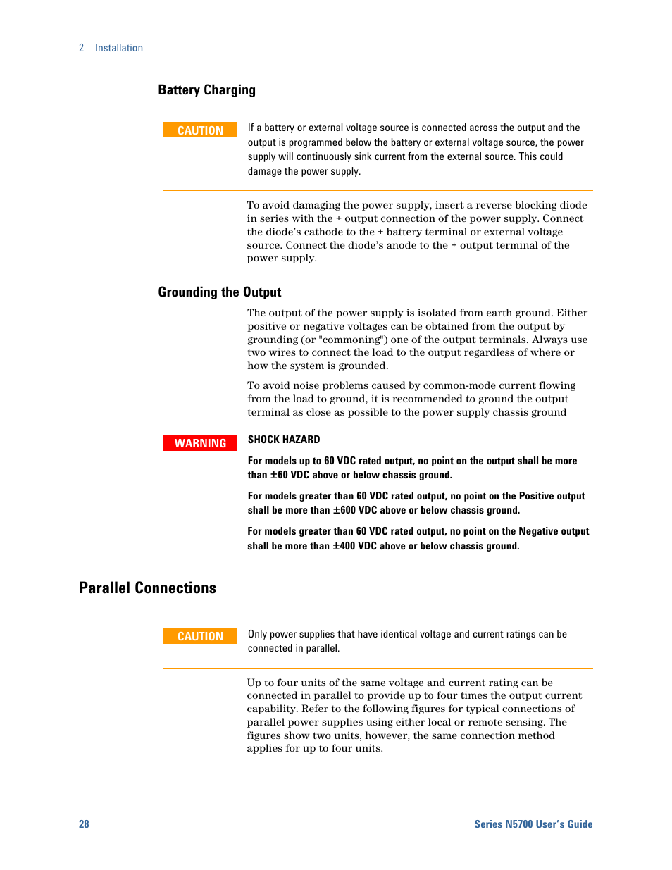 Battery charging, Grounding the output, Parallel connections | Agilent Technologies System DC N5700 User Manual | Page 28 / 132