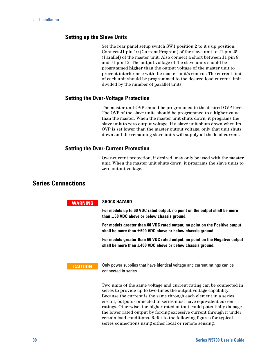 Setting up the slave units, Setting the over-voltage protection, Setting the over-current protection | Series connections | Agilent Technologies System DC N5700 User Manual | Page 30 / 132