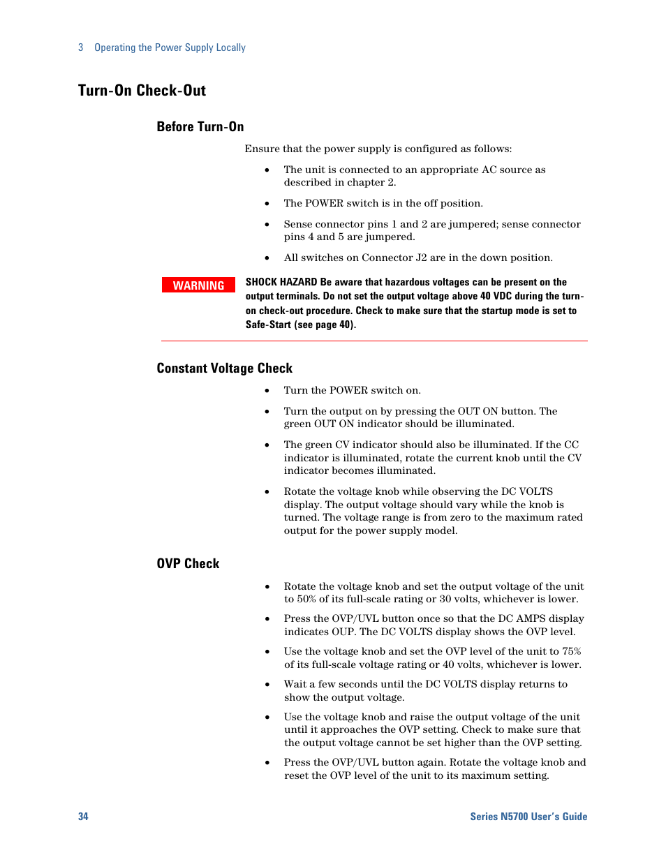 Turn-on check-out, Before check-out, Constant voltage check | Ovp check, Before turn-on | Agilent Technologies System DC N5700 User Manual | Page 34 / 132