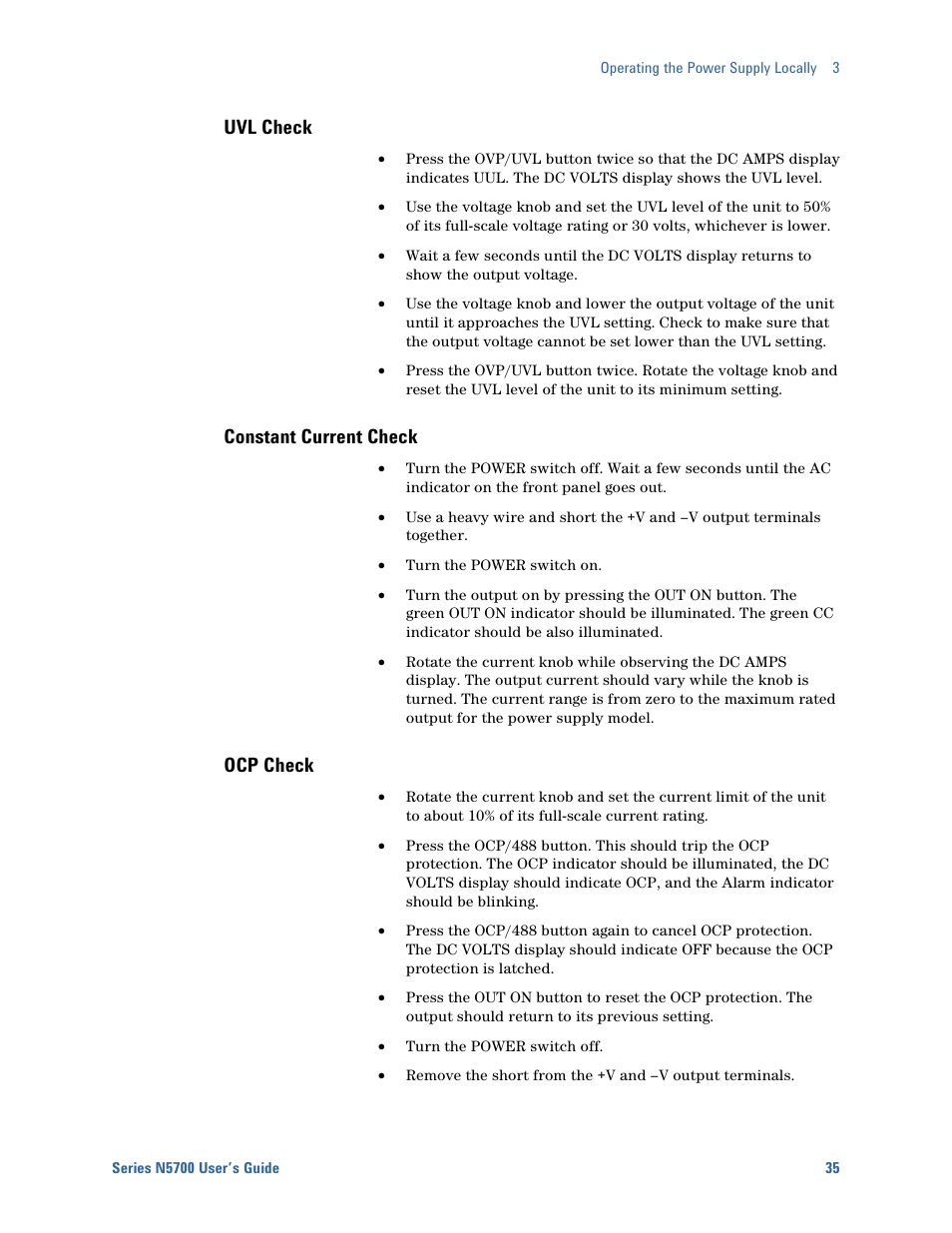 Uvl check, Constant current check, Ocp check | Agilent Technologies System DC N5700 User Manual | Page 35 / 132