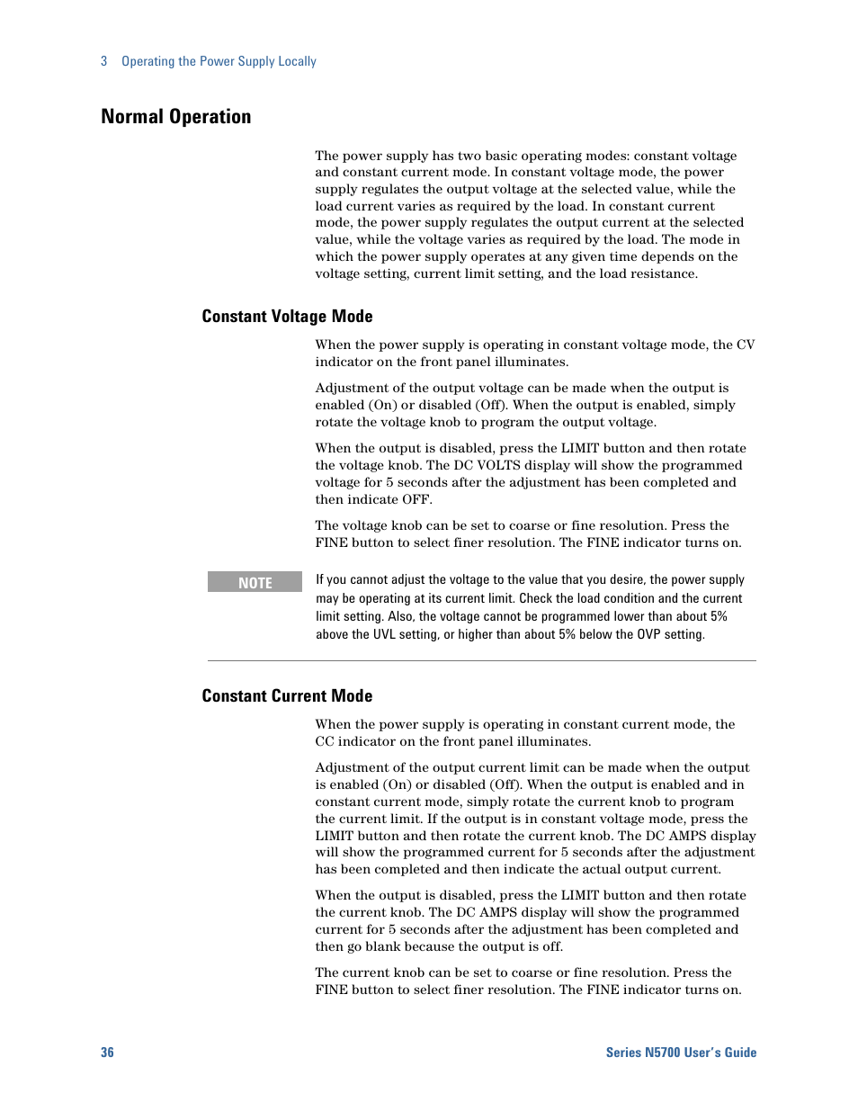 Normal operation, Constant voltage mode, Constant current mode | Agilent Technologies System DC N5700 User Manual | Page 36 / 132