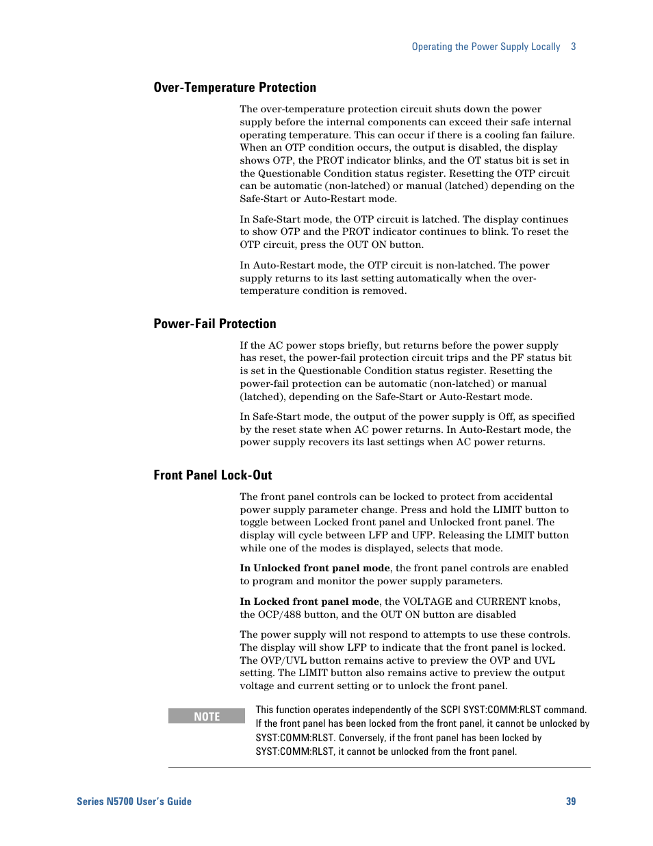 Over-temperature protection, Power-fail protection, Front panel lock-out | Agilent Technologies System DC N5700 User Manual | Page 39 / 132