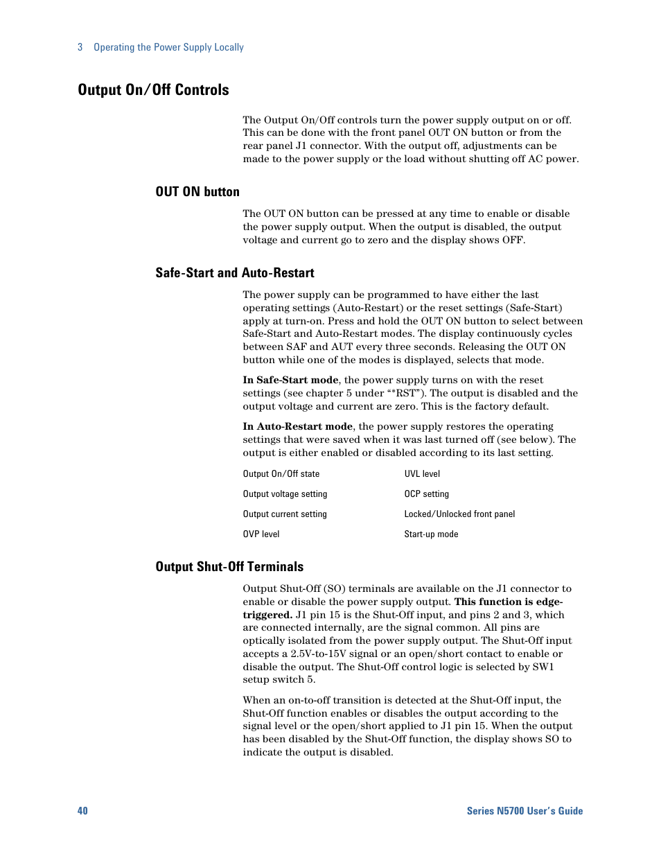 Output on/off controls, Out on button, Safe-start and auto-restart | Output shut-off terminals | Agilent Technologies System DC N5700 User Manual | Page 40 / 132