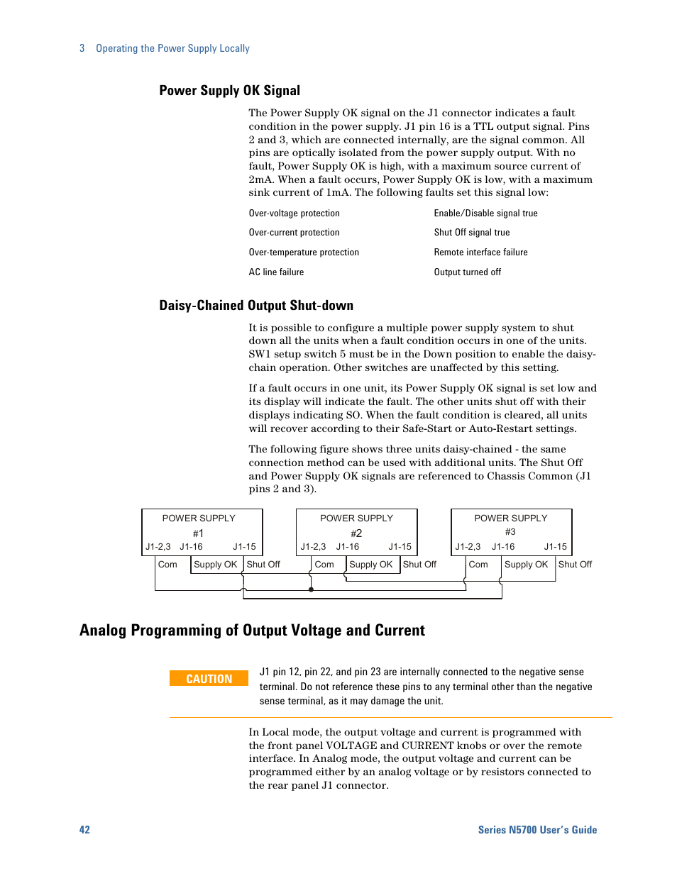 Power supply ok signal, Daisy-chained output shut-down, Analog programming of output voltage and current | Agilent Technologies System DC N5700 User Manual | Page 42 / 132