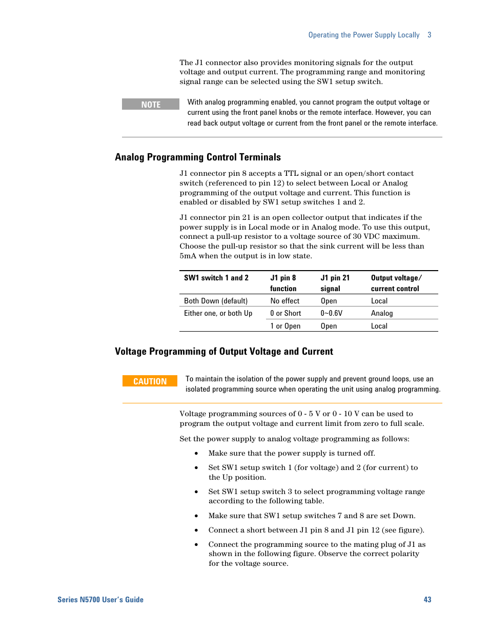 Analog programming control terminals, Voltage programming of output voltage and current | Agilent Technologies System DC N5700 User Manual | Page 43 / 132