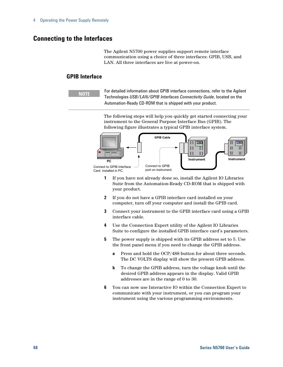 Connecting to the interfaces, Gpib interface | Agilent Technologies System DC N5700 User Manual | Page 48 / 132