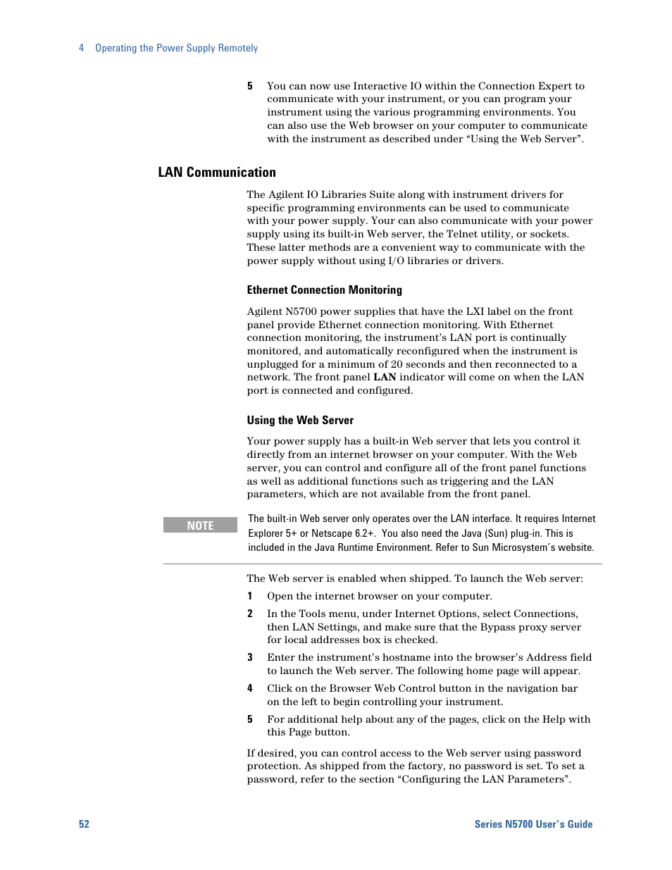 Lan communication | Agilent Technologies System DC N5700 User Manual | Page 52 / 132