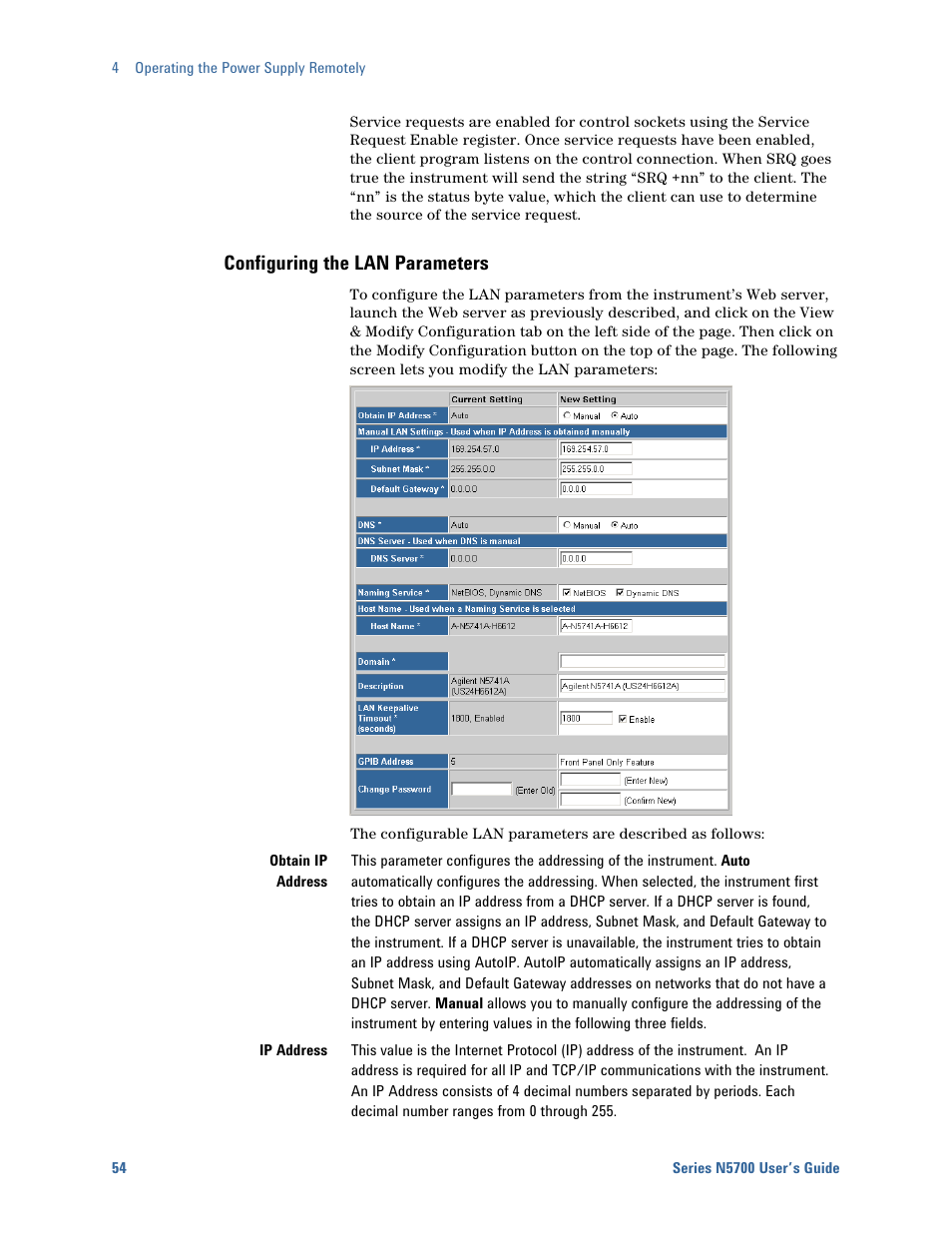 Configuring the lan parameters | Agilent Technologies System DC N5700 User Manual | Page 54 / 132