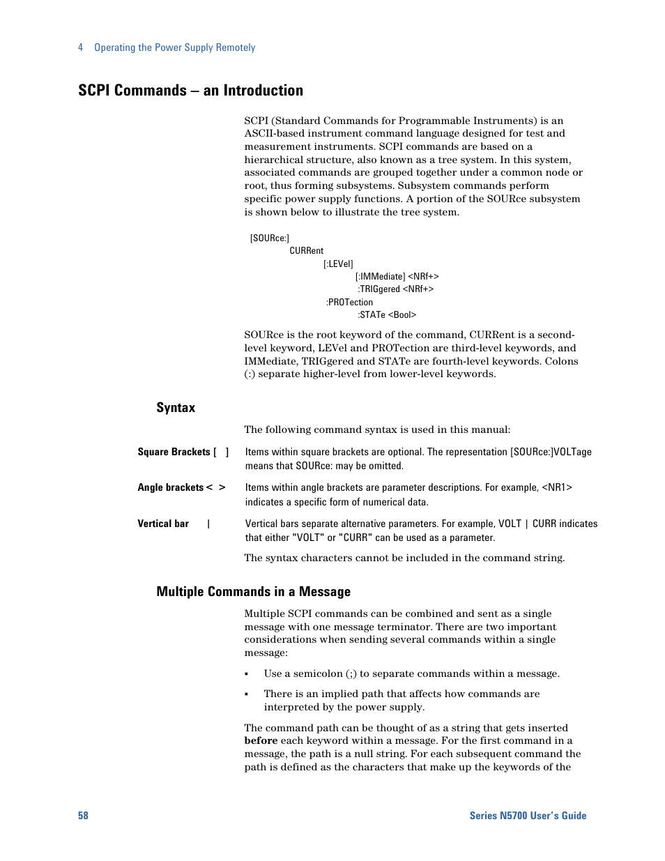 Scpi commands – an introduction, Syntax, Multiple commands in a message | Agilent Technologies System DC N5700 User Manual | Page 58 / 132